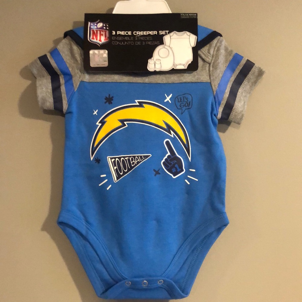 NFL Chargers Creeper, Bib & Bootie set. NWT 3/6mo